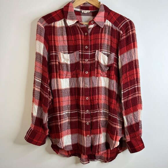 Pilcro Button Down Shirt Womens Sz S Red Plaid Western Textured Crinkle Boho - Picture 1 of 11